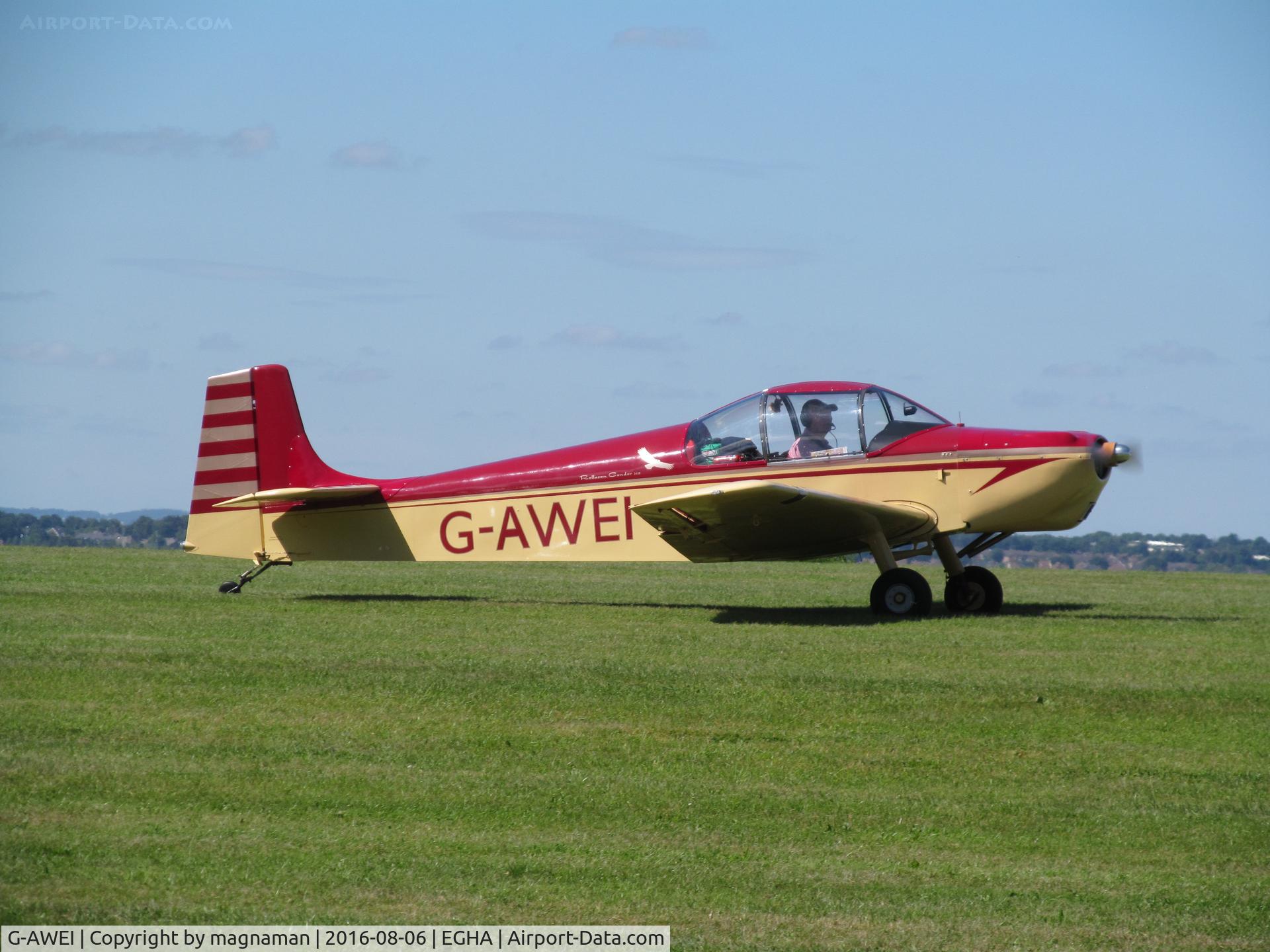 G-AWEI, 1968 Rollason Druine D-62B Condor C/N RAE/628, leaving compton