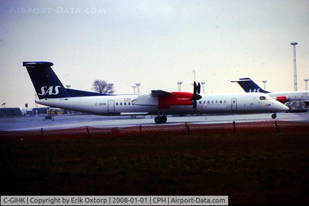 C-GIHK, 1998 De Havilland Canada DHC-8-402Q Dash 8 C/N 4004, C-GIHK in CPH JAN00. Delivered 1999-12-02. Used fot crew trng  fr. 1999-12-07  to 2000-01-19 (prior delivery of SAS own Q400's). Returned 2000-01-21. Named 
