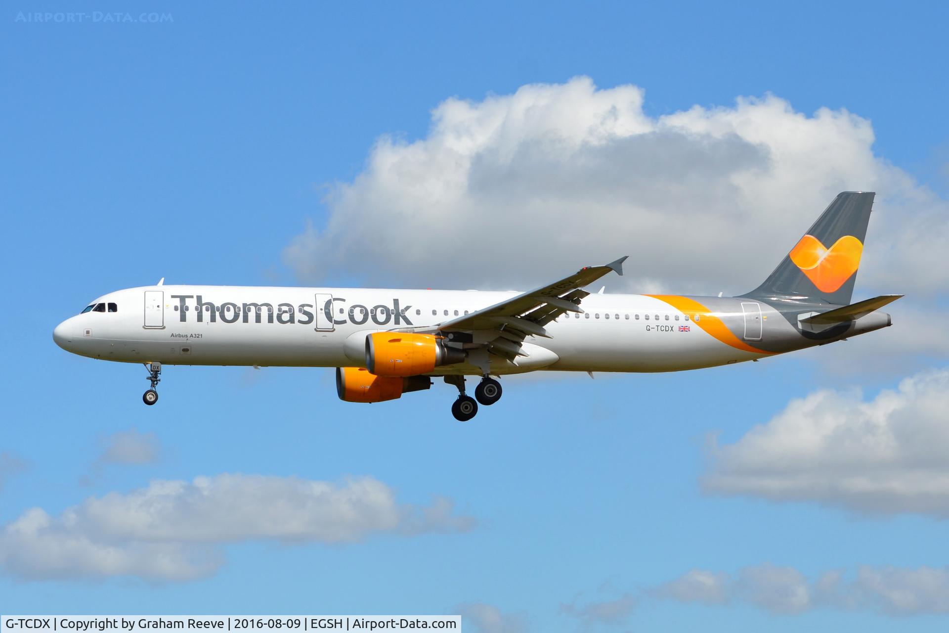 G-TCDX, 2002 Airbus A321-211 C/N 1887, Landing at Norwich.