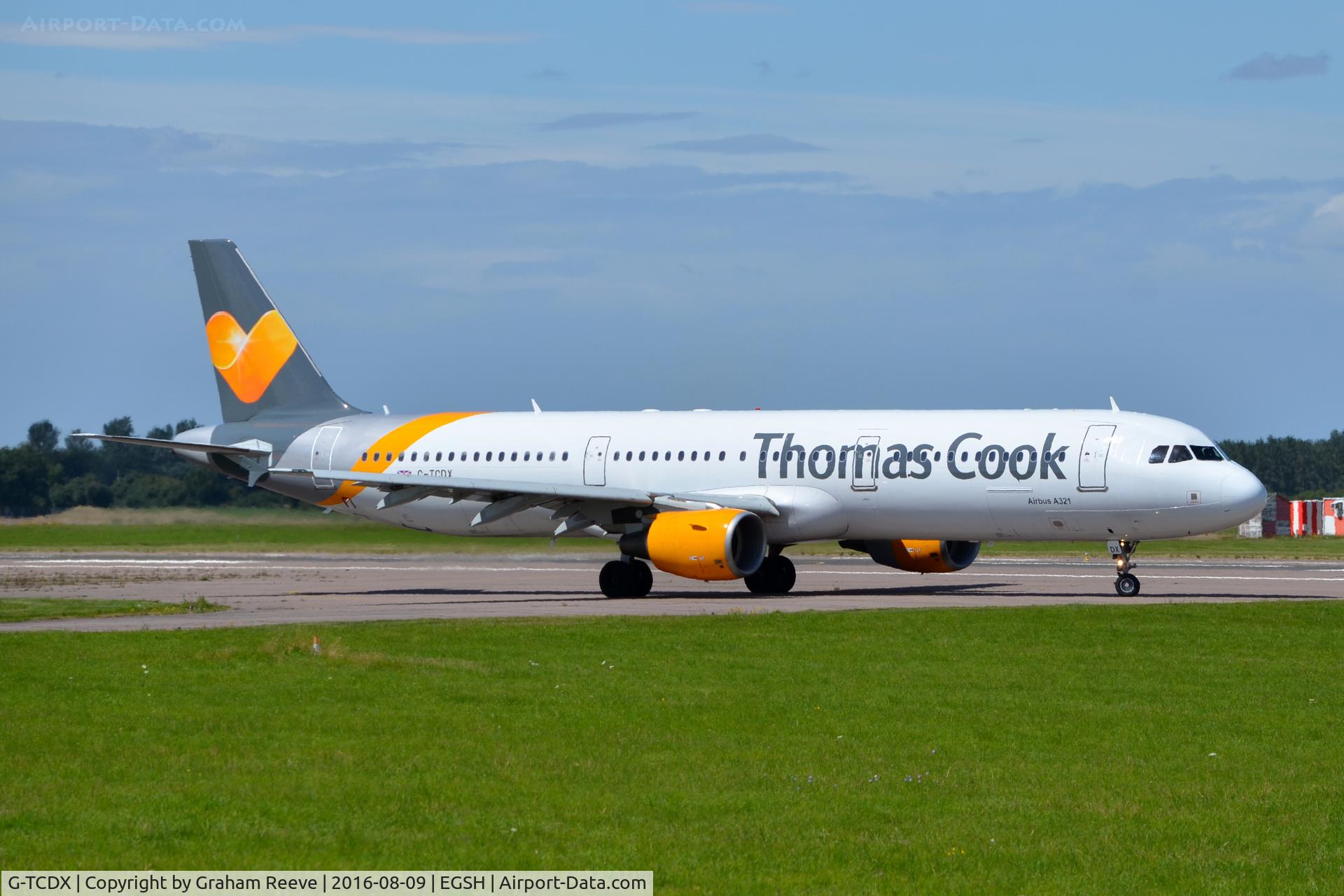 G-TCDX, 2002 Airbus A321-211 C/N 1887, About to depart from Norwich.