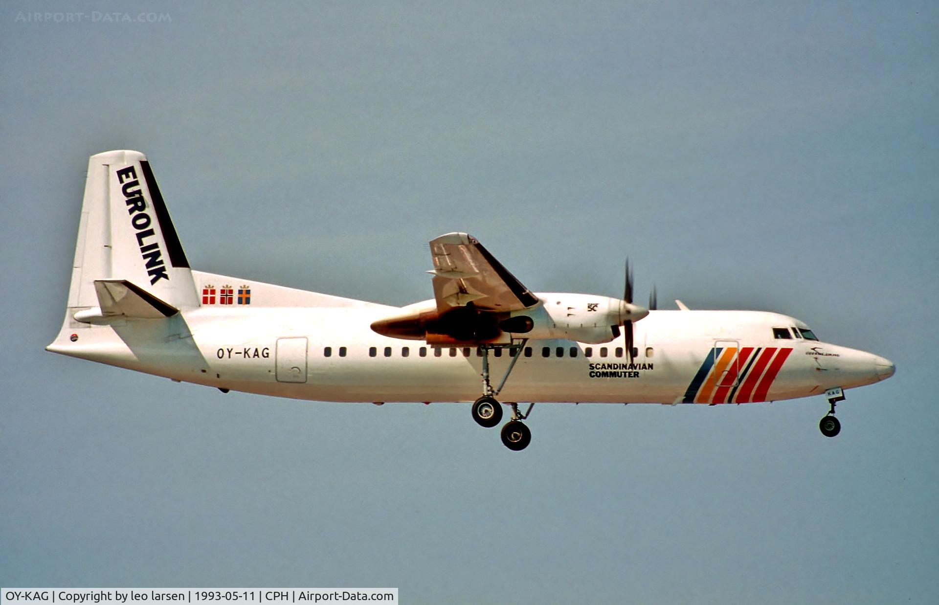 OY-KAG, 1990 Fokker 50 C/N 20185, Copenhagen 11.5.93 ldg.R-04R