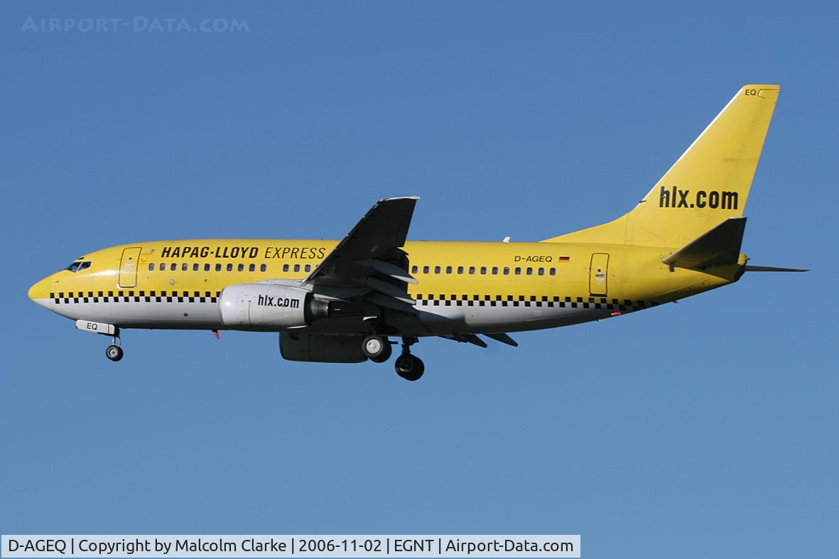 D-AGEQ, 1998 Boeing 737-75B C/N 28103, Boeing 737-75B on approach to 25 at Newcastle Airport, November 2006.