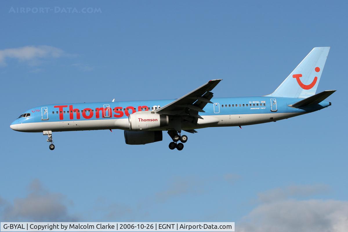 G-BYAL, 1993 Boeing 757-204 C/N 25626, Boeing 757-204 on approach to 25 at Newcastle Airport, October 26th 2006.
