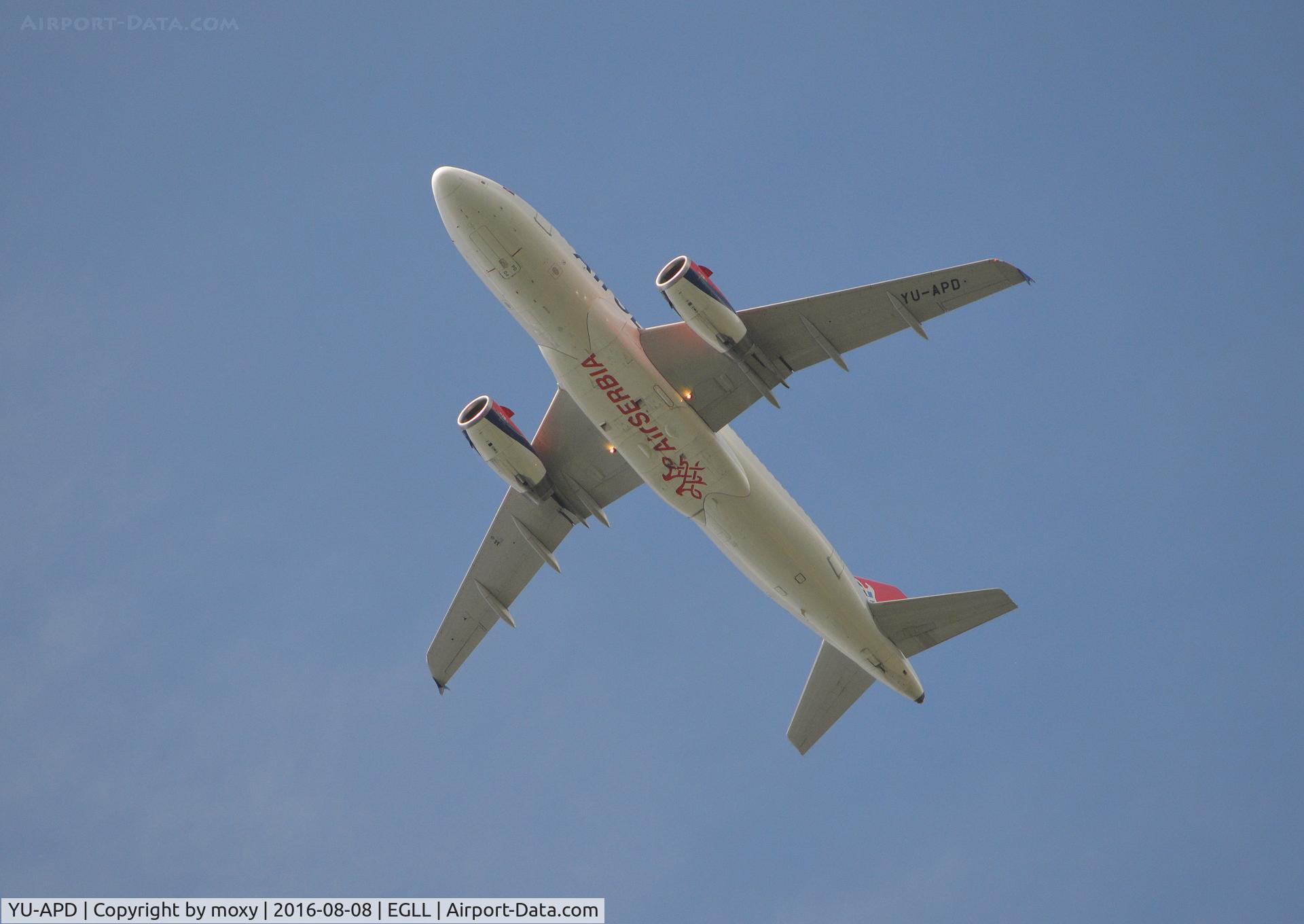 YU-APD, 2004 Airbus A319-132 C/N 2335, Airbus A319-132 departing EGLL. Ex D-AVWD and EI-LIR