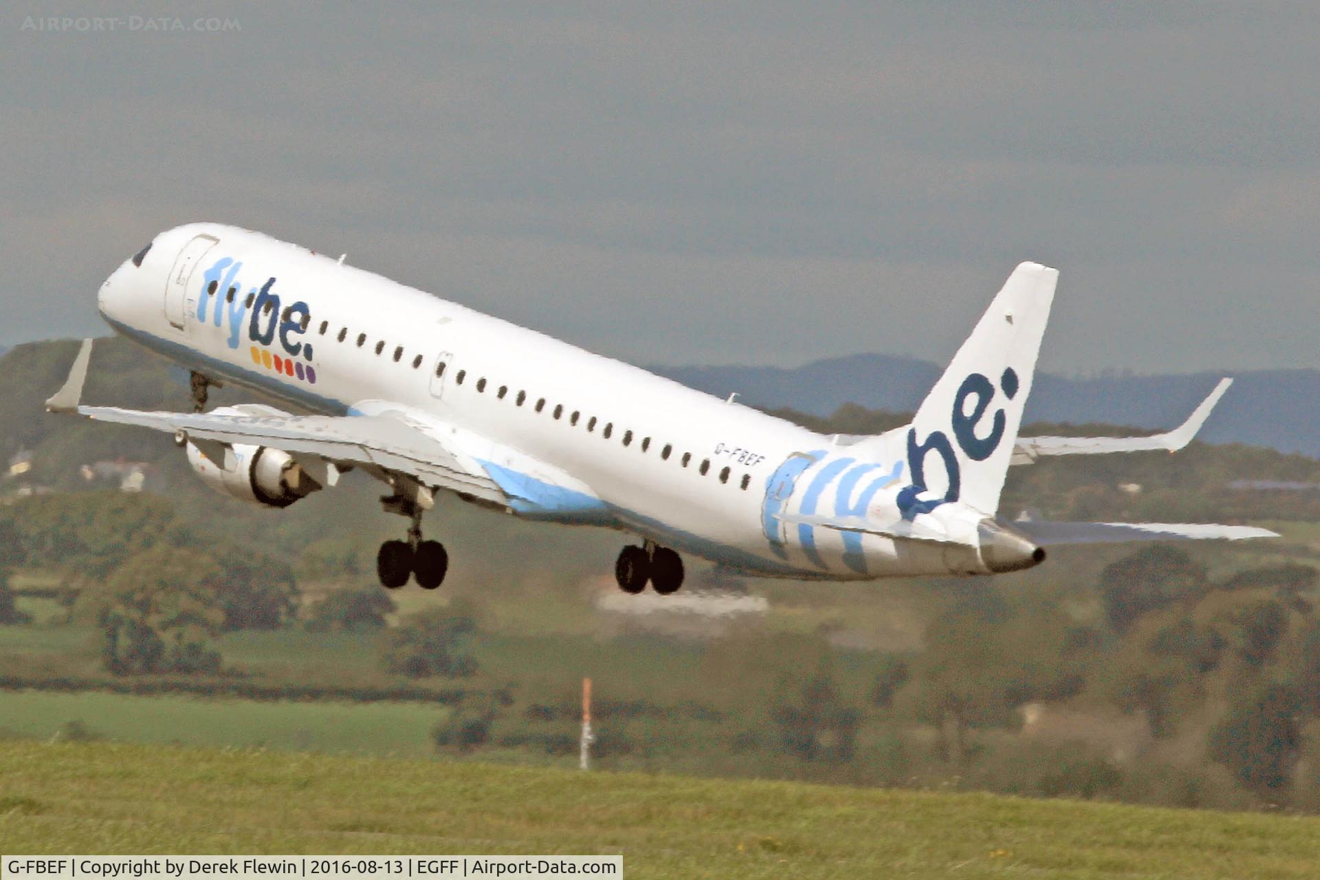G-FBEF, 2007 Embraer 195LR (ERJ-190-200LR) C/N 19000104, Embraer 195, Flybe, previously PT-SNY, callsign Jersey 2VA, departing runway 30 en-route to Verona.