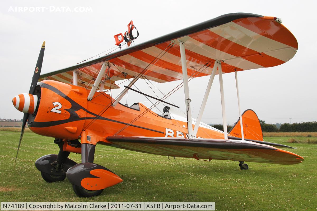 N74189, 1941 Boeing PT-17/R985 Kaydet (A75N1) C/N 75-717, Boeing PT-17 Kaydet, on a refueling stop at Fishburn Airfield, July 31st 2011.