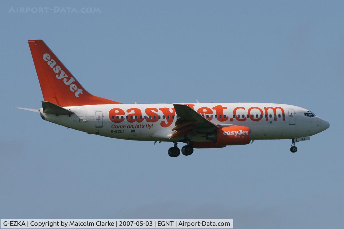 G-EZKA, 2003 Boeing 737-73V C/N 32422, Boeing 737-73V. On approach to Rwy 07 at Newcastle Airport, May 3rd 2007.