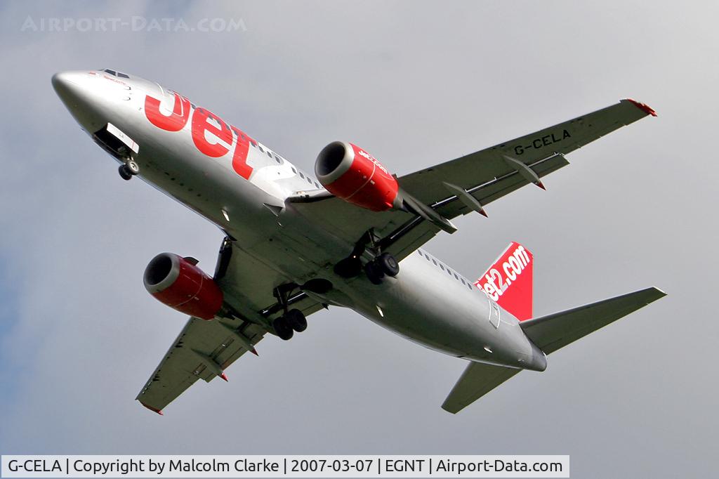 G-CELA, 1986 Boeing 737-377(QC) C/N 23663, Boeing 737-377(QC) on approach to 25 at Newcastle Airport, March 7th 2007.