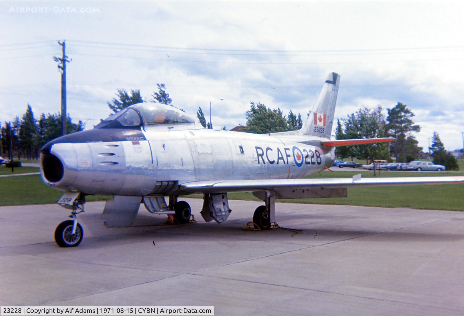 23228, Canadair CL-13A Sabre 5 C/N 1018, Sabre 23228 shown at Canadian Forces Base Borden, Ontario in August 1971 when it was being used as an instructional airframe.
