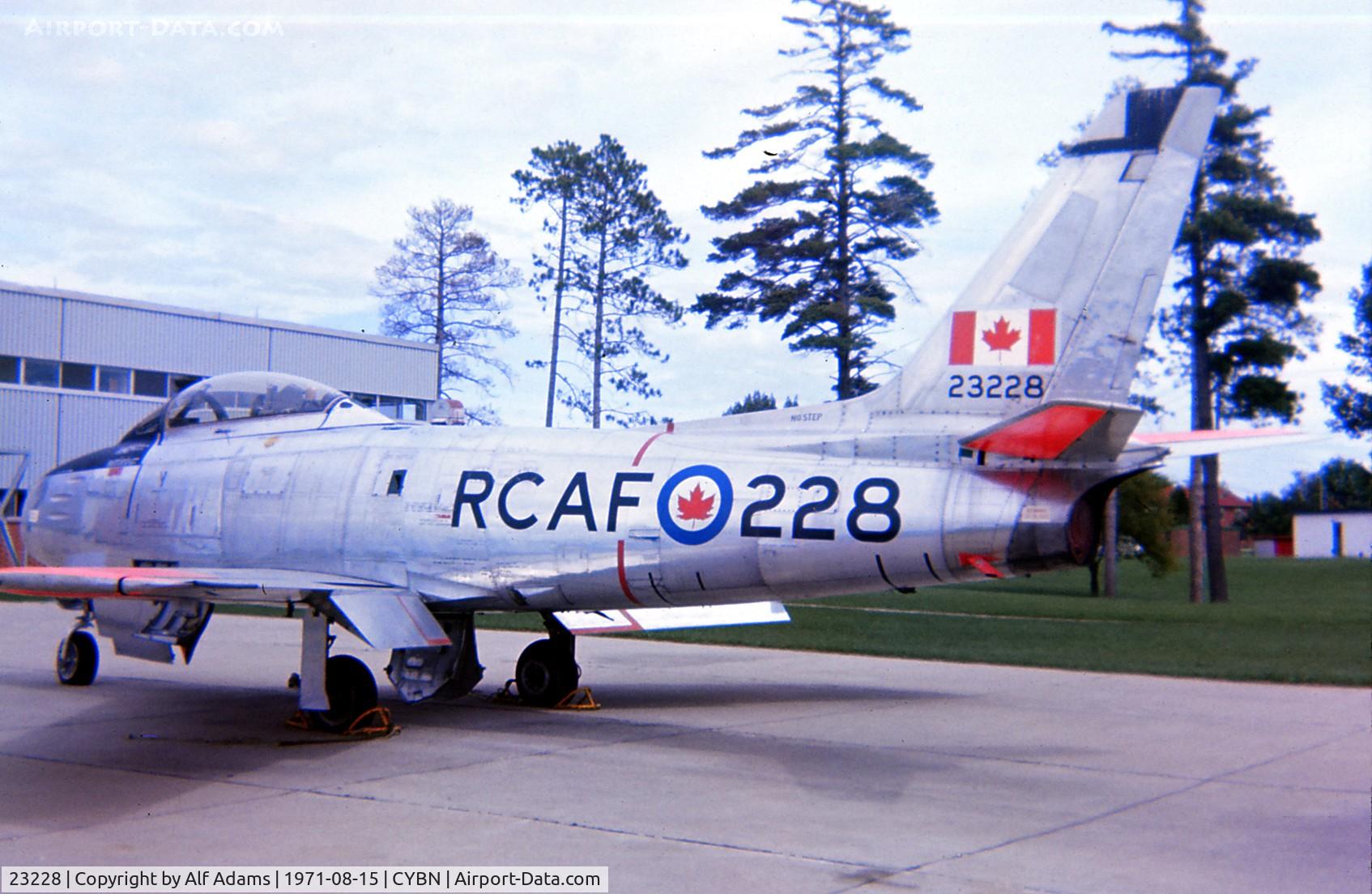 23228, Canadair CL-13A Sabre 5 C/N 1018, Sabre 23228 shown at Canadian Forces Base Borden, Ontario in August 1971 where it was being used as an instructional airframe.