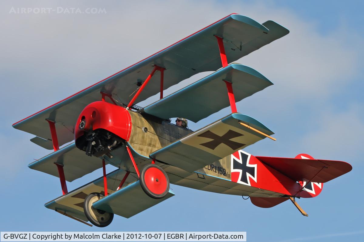 G-BVGZ, 1994 Fokker Dr.1 Triplane Replica C/N PFA 238-12654, Fokker DR1 Triplane Replica Hibernation Fly-In, The Real Aeroplane Company, Breighton Airfield, October 7th 2012.