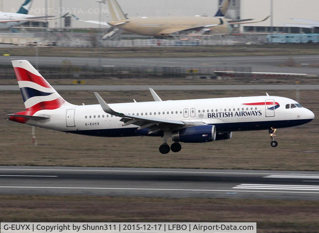 G-EUYX, 2014 Airbus A320-232 C/N 6155, Landing rwy 14R with fitted sharklets