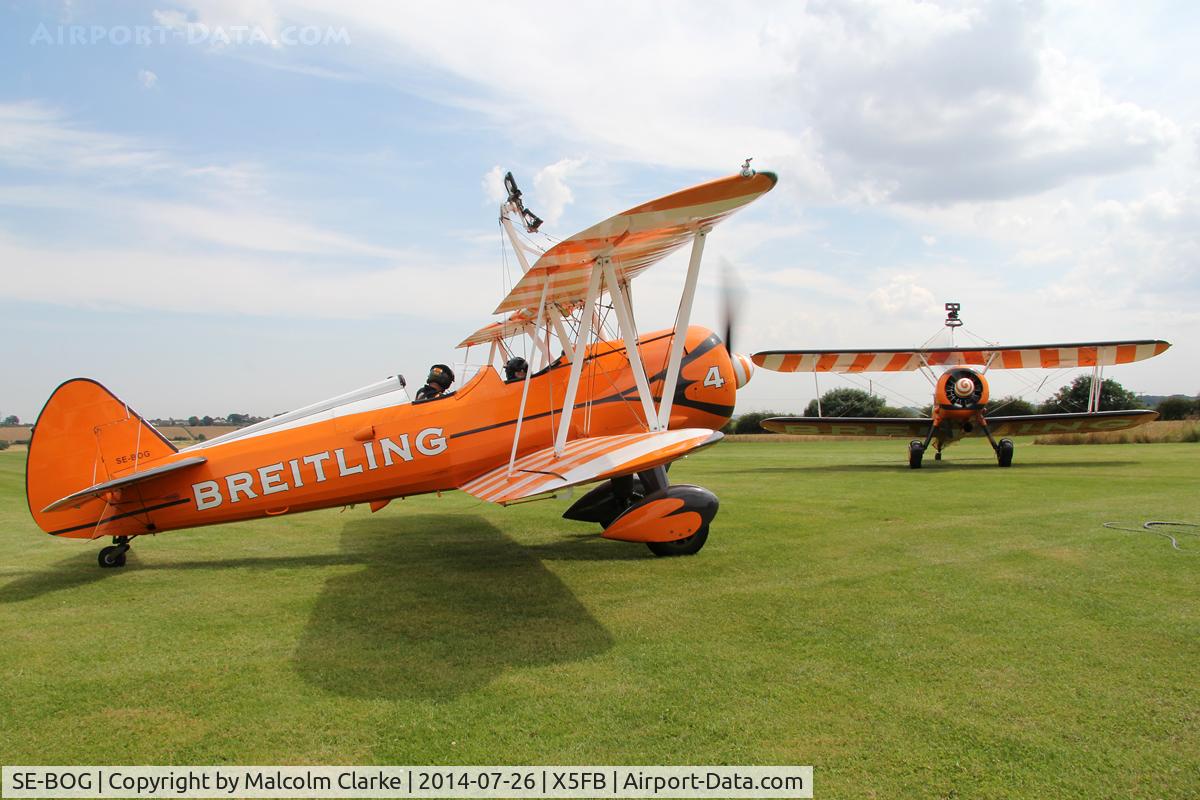 SE-BOG, 1942 Boeing N2S-3 Kaydet (B75N1) C/N 75-7128, Boeing B75N-1 Stearman prior to a wing walking performance at the 2014 Sunderland Air Show. Fishburn Airfield, July 26th 2014.