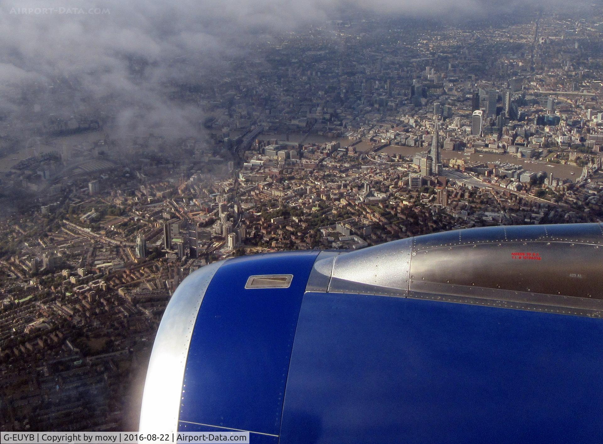 G-EUYB, 2008 Airbus A320-232 C/N 3703, Airbus A320-232 flying over London with view of The Shard and Tower Bridge etc.
