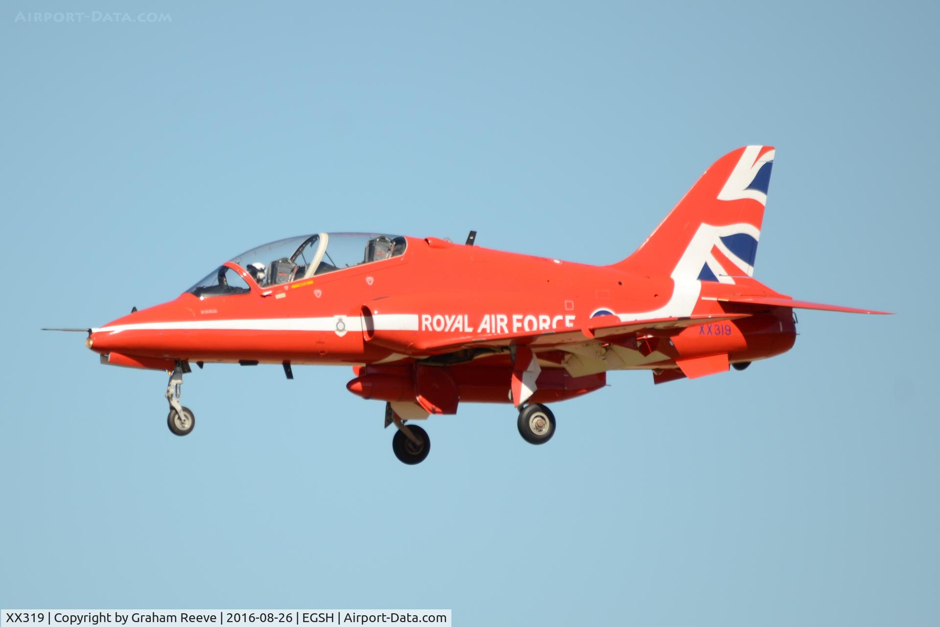 XX319, 1980 Hawker Siddeley Hawk T.1A C/N 162/312144, Landing at Norwich.