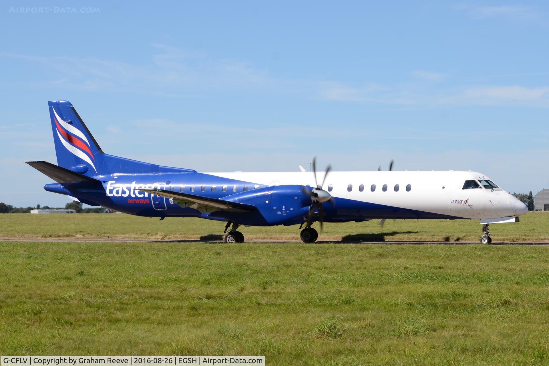 G-CFLV, 1995 Saab 2000 C/N 2000-023, About to depart from Norwich.