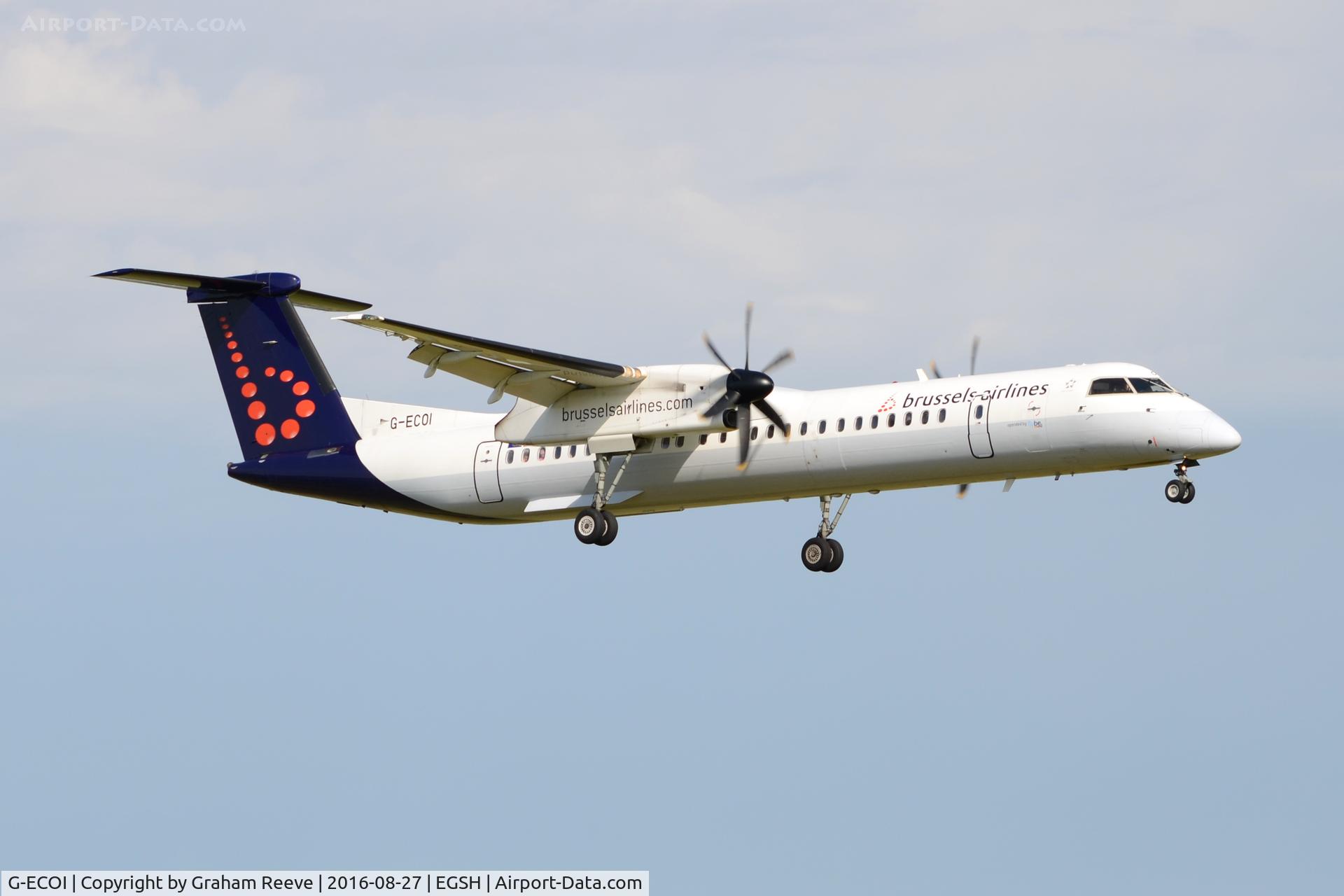 G-ECOI, 2008 De Havilland Canada DHC-8-402Q Dash 8 C/N 4224, Landing at Norwich.