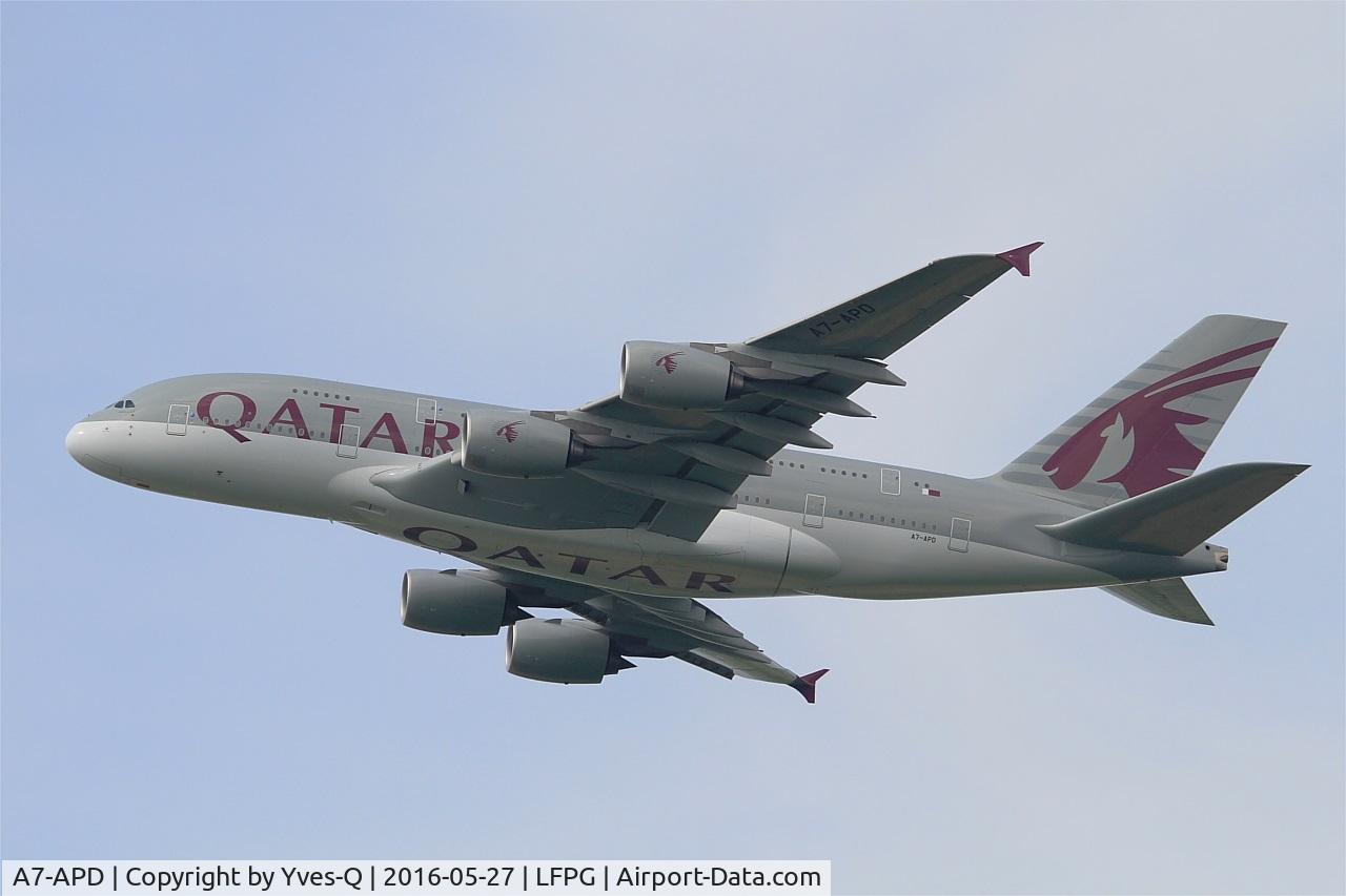A7-APD, 2014 Airbus A380-861 C/N 160, Airbus A380-861, Take off rwy 27L, Roissy Charles De Gaulle airport (LFPG-CDG)