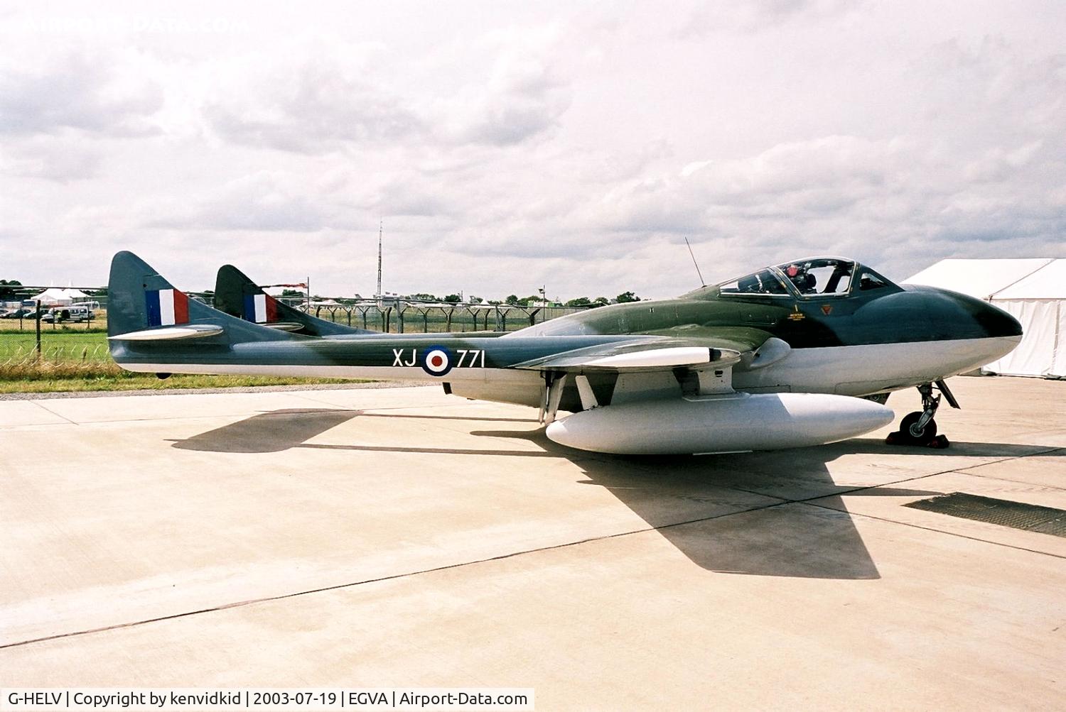 G-HELV, 1958 De Havilland (F+W Emmen) Vampire T.55 (DH-115) C/N 975, In the 100 Years of Flight enclave at RIAT.