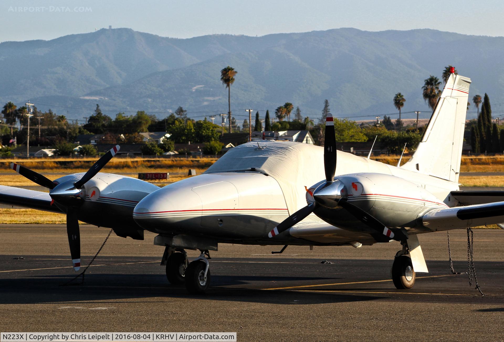 N223X, Piper PA-34-200T C/N 34-7970288, New locally based Piper Seneca parked on the transient ramp while awaiting for new tie down permit at Reid Hillview Airport, San Jose, CA.