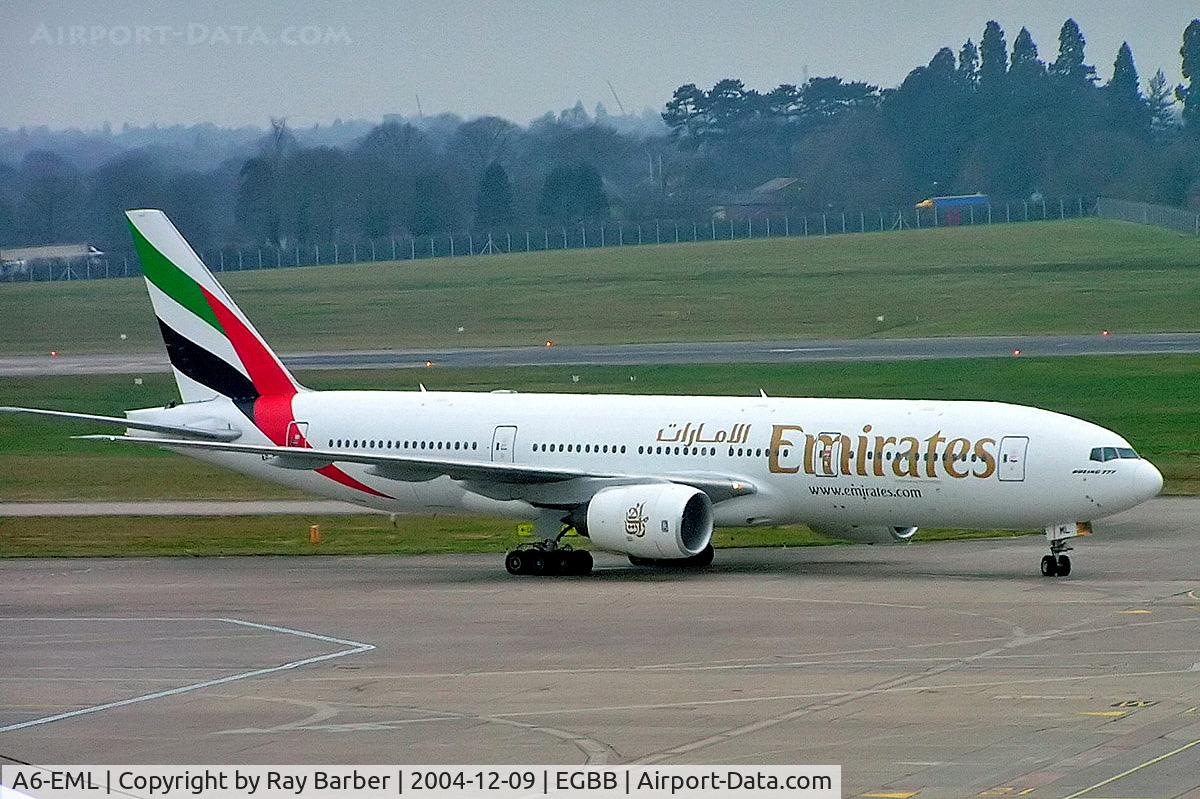 A6-EML, 1998 Boeing 777-21H/ER C/N 29325, Boeing 777-21HER [29325] (Emirates Airlines) Birmingham Int'l~G 09/12/2004