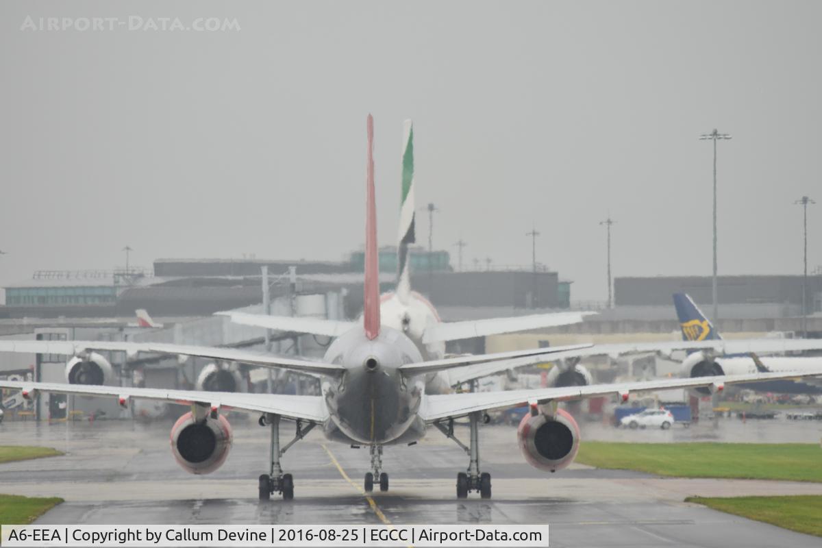 A6-EEA, 2012 Airbus A380-861 C/N 108, A6-EEA at MAN on August 25th with a jet 2 757 behind