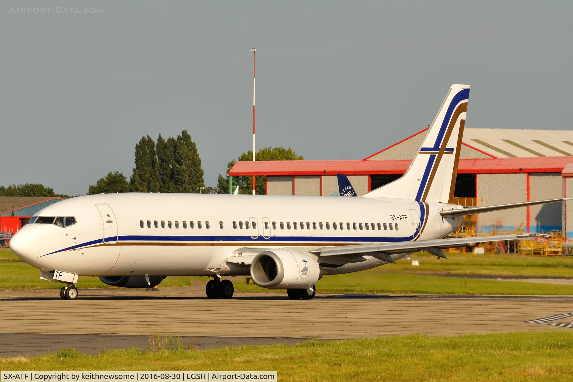 SX-ATF, 1992 Boeing 737-406 C/N 25423, Leaving Norwich.