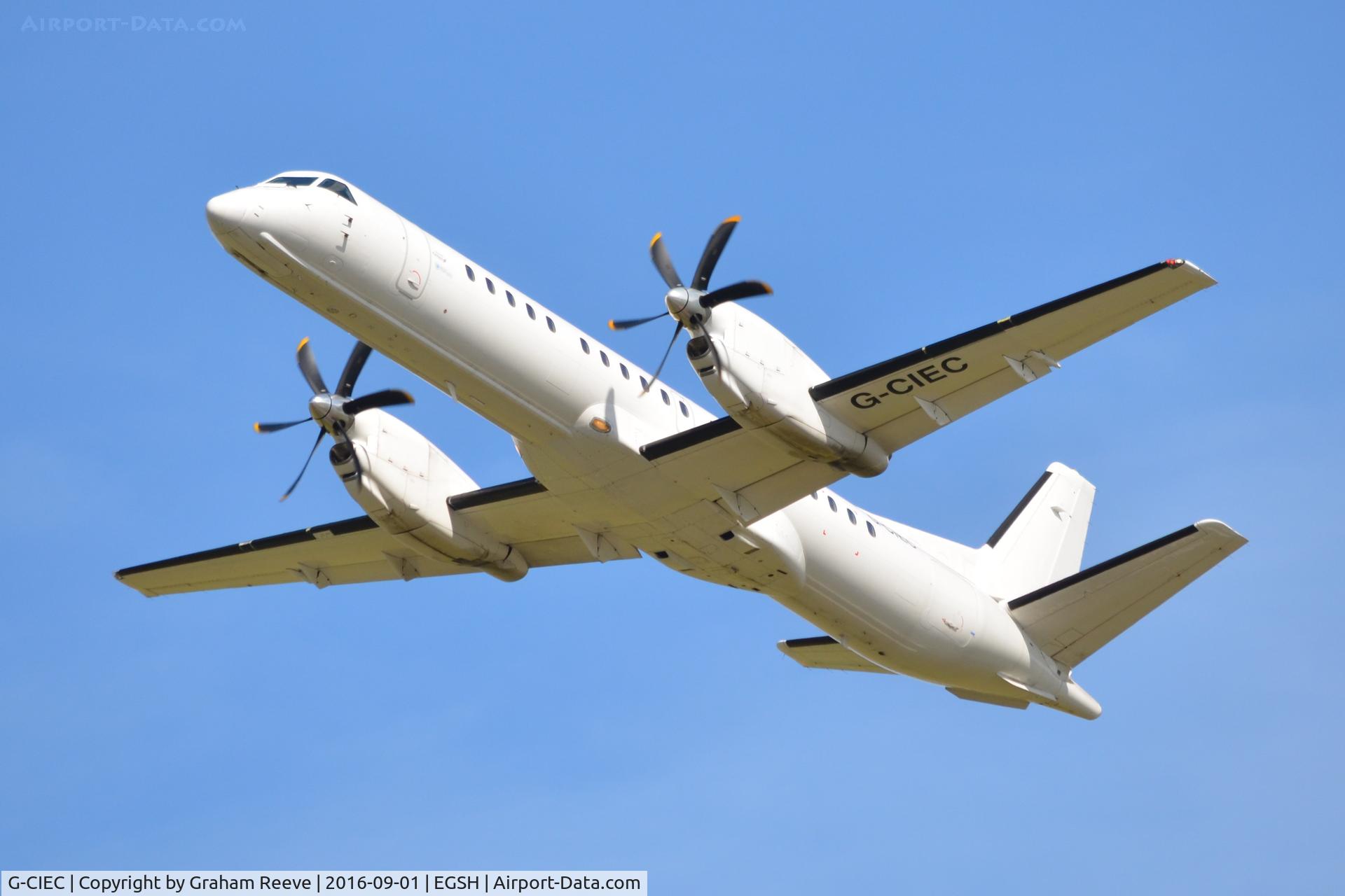 G-CIEC, 1996 Saab 2000 C/N 2000-037, Departing from Norwich.