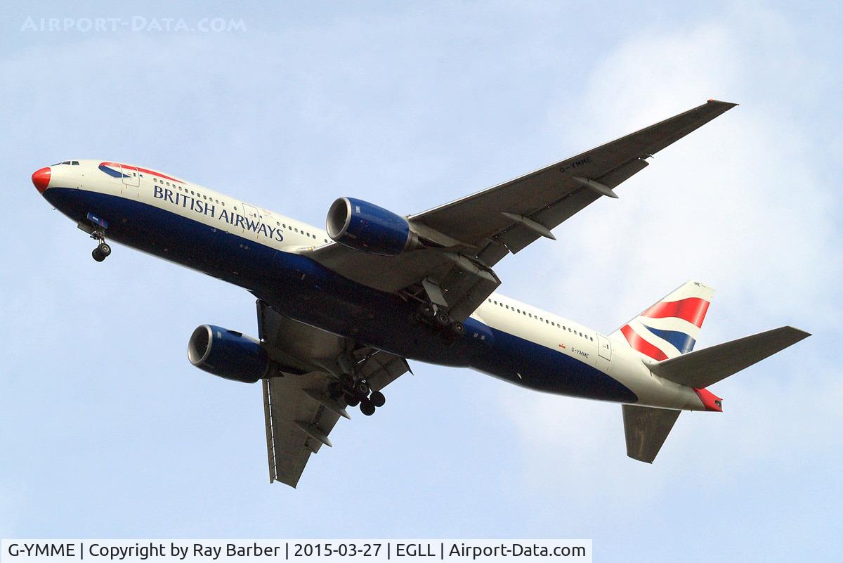 G-YMME, 2000 Boeing 777-236/ER C/N 30306, Boeing 777-236ER [30306] (British Airways) Home~G 27/03/2015. On approach 27R. Wearing red nose.