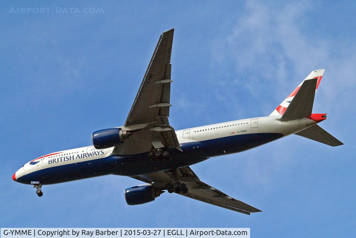 G-YMME, 2000 Boeing 777-236/ER C/N 30306, Boeing 777-236ER [30306] (British Airways) Home~G 27/03/2015. On approach 27R. Wearing red nose.
