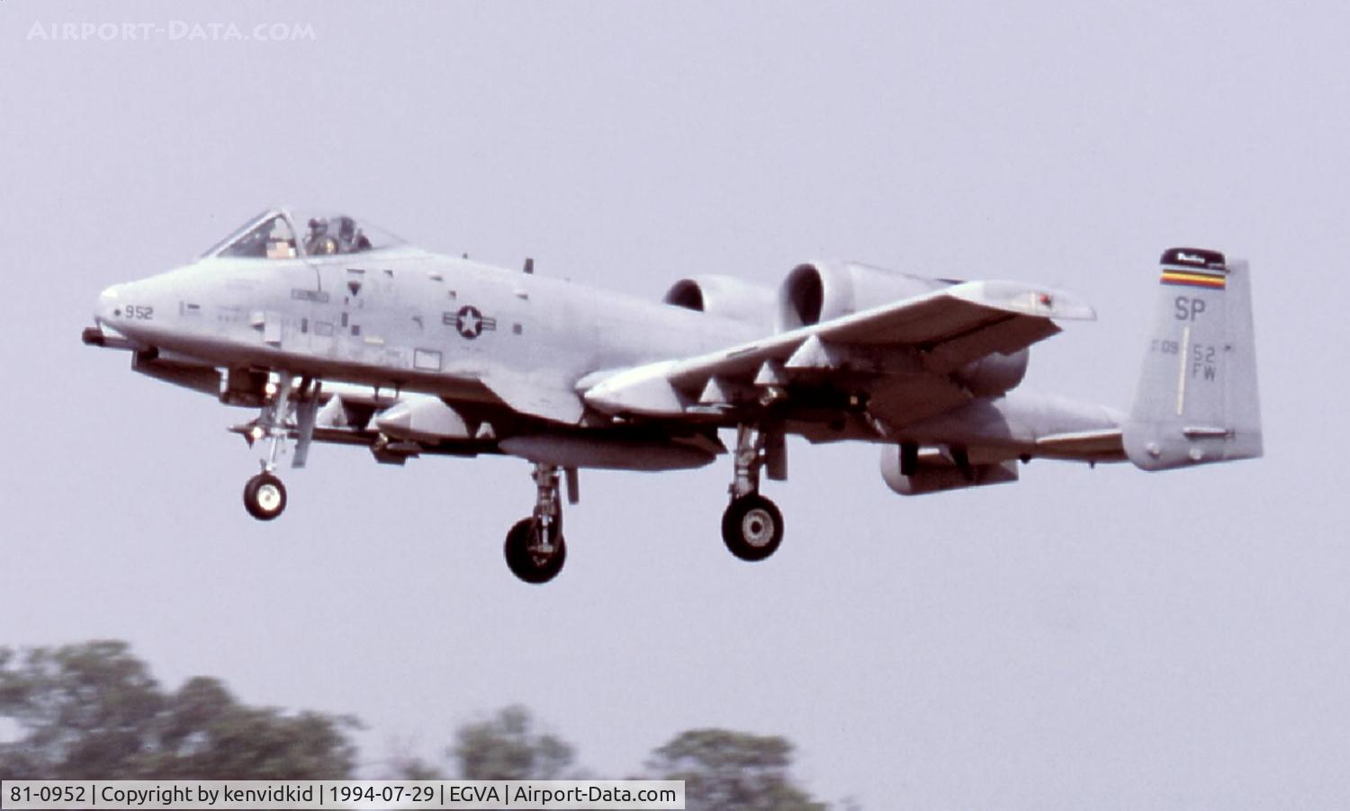 81-0952, 1981 Fairchild Republic A-10A Thunderbolt II C/N A10-0647, US Air Force arriving for RIAT.
