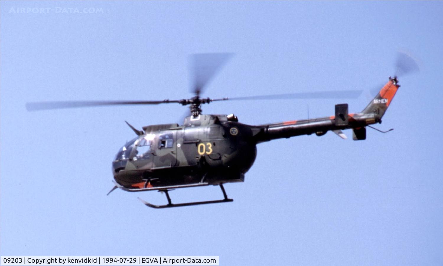 09203, MBB Hkp9A (Bo-105CB-3) C/N S-1753, Swedish Army arriving for RIAT.