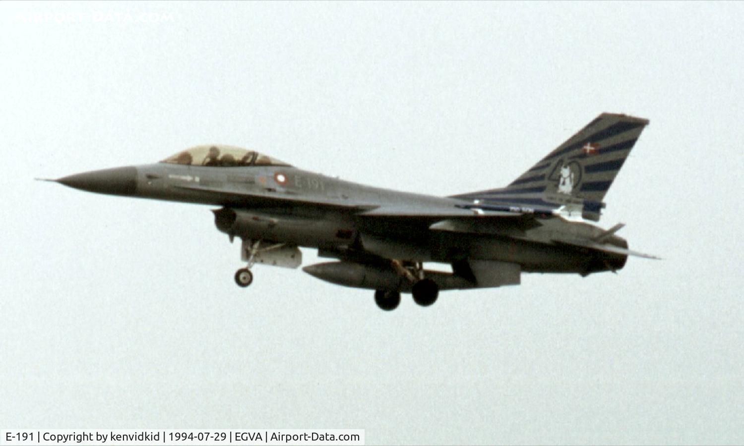 E-191, 1978 SABCA F-16AM Fighting Falcon C/N 6F-18, Royal Danish Air Force arriving at RIAT.