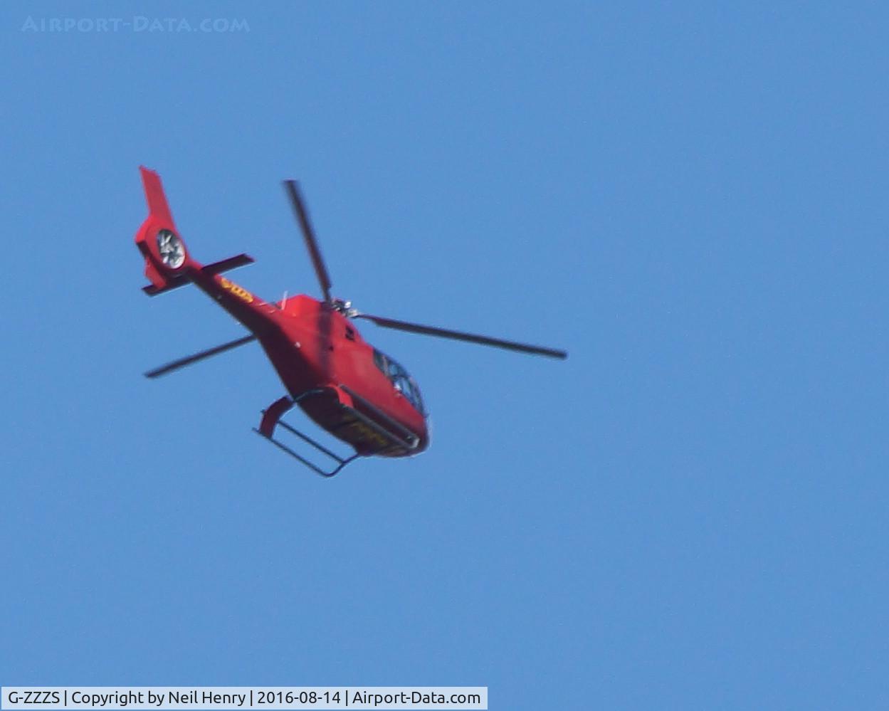 G-ZZZS, 2002 Eurocopter EC-120B Colibri C/N 1321, Eurocopter flying over Warnham Local Nature Reserve, Horsham, West Sussex, UK on 14 August 2016 about 2pm. (heading about NNE towards Gatwick?)