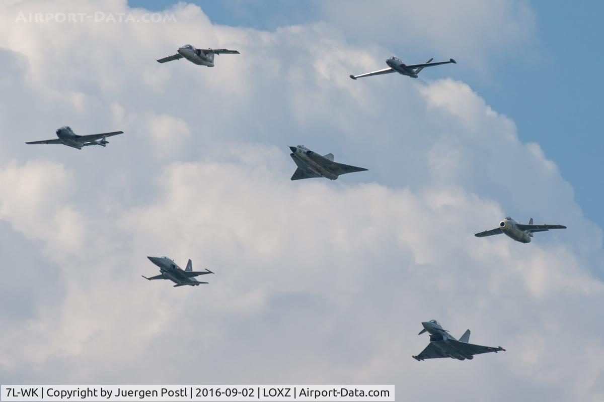 7L-WK, 2005 Eurofighter EF-2000 Typhoon S C/N GS007, Airpower 2016, Zeltweg - Historic Jet Formation mit De Havilland Vampire, Fouga CM.170 Magister, Saab 29 Tunnan, Saab 35 Draken, Saab 105OE, Northrop F-5E Tiger II und Eurofighter Typhoon