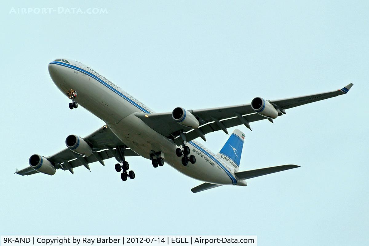 9K-AND, 1995 Airbus A340-313 C/N 104, Airbus A340-313 [104] (Kuwait Airways) Home~G 14/07/2012. On approach 27R.