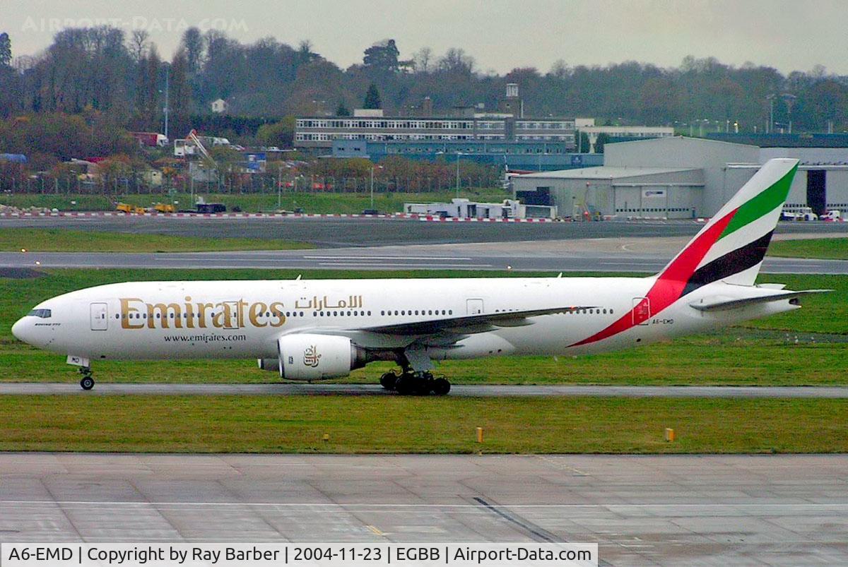 A6-EMD, 1996 Boeing 777-21H C/N 27247, Boeing 777-21H [27247] (Emirates Airlines) Birmingham Int'l~G 23/11/2004