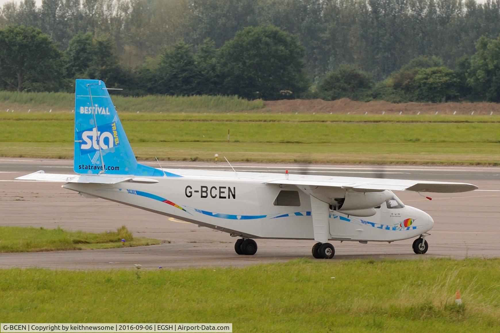 G-BCEN, 1974 Britten-Norman BN-2A-26 Islander C/N 403, Leaving Norwich with a new colour scheme.