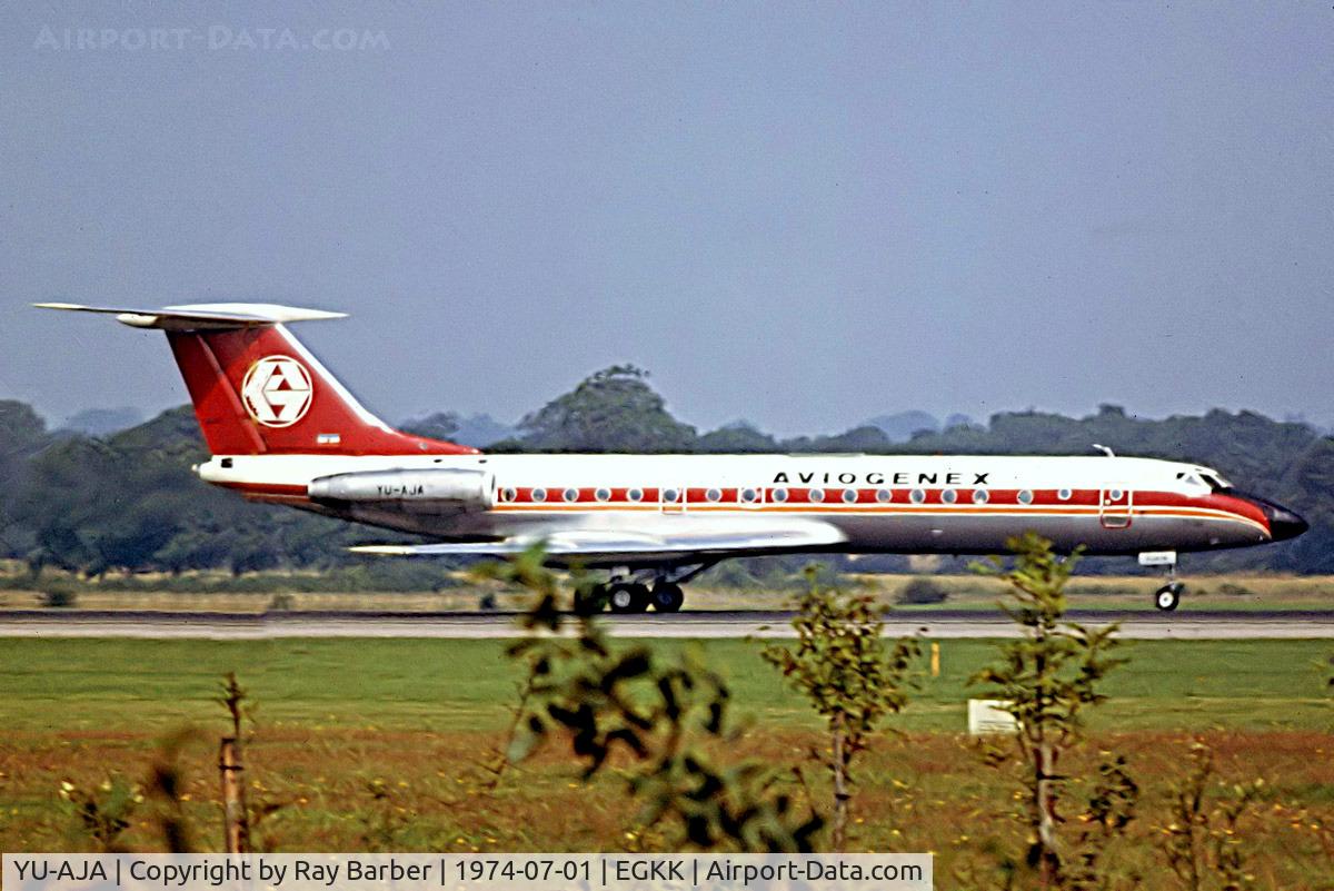 YU-AJA, 1971 Tupolev Tu-134A C/N 1351206, YU-AJA   Tupolev Tu-134A-3 [1351206] (Aviogenex) Gatwick~G @ 01/07/1974. From a slide.