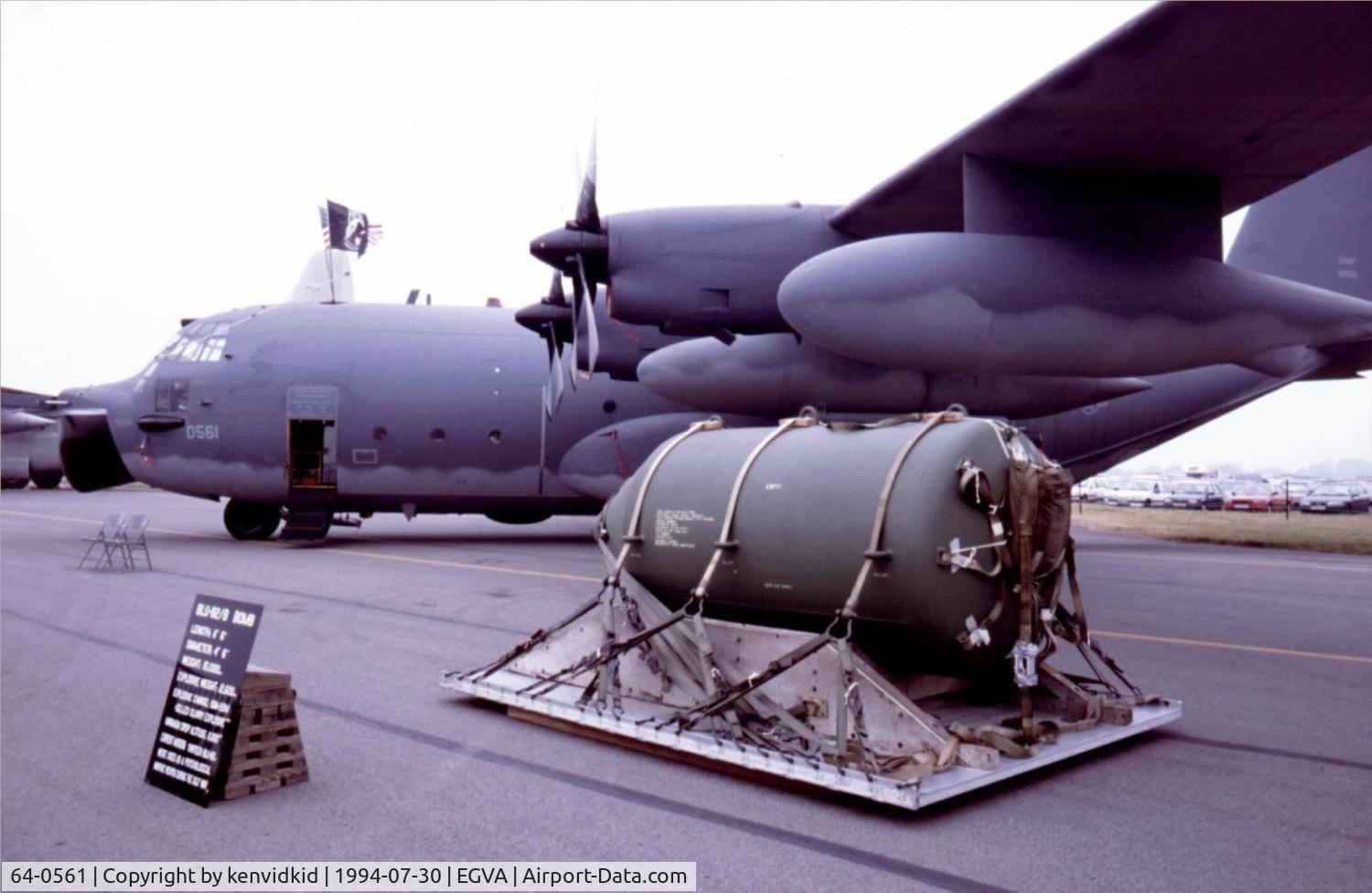 64-0561, 1964 Lockheed MC-130E Hercules C/N 382-4065, US Air Force on static display at RIAT, the rather large bomb would be pushed out of the Hercules to clear trees for a helicopter to rescue downed pilots.