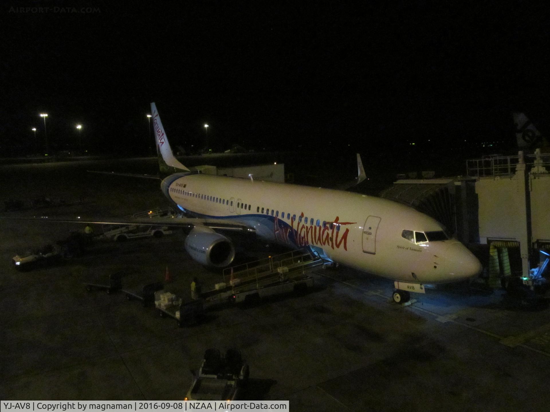 YJ-AV8, 2016 Boeing 737-8SH C/N 42052, in dark at NZAA