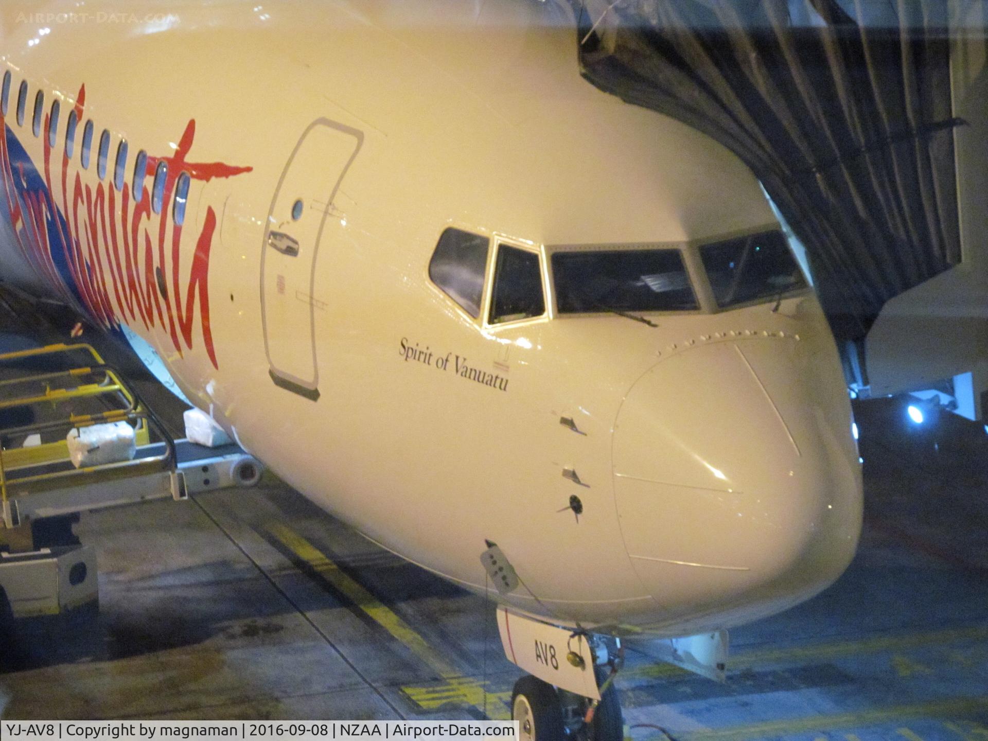 YJ-AV8, 2016 Boeing 737-8SH C/N 42052, close up in dark at AKL
