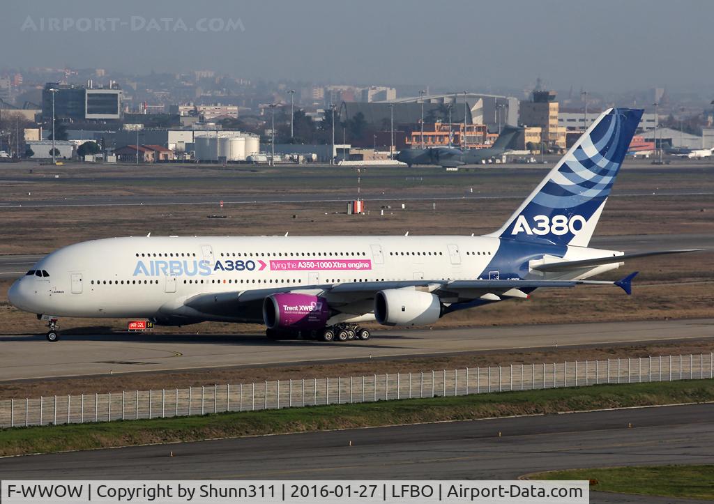 F-WWOW, 2005 Airbus A380-841 C/N 001, C/n 0001 - Trent XWB on second engine and with additional 'Flying the A350-1000 Xtra engine' titles on ly on left side !