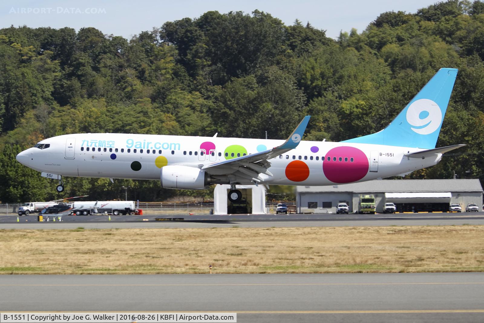 B-1551, 2016 Boeing 737-86X C/N 61351, New 737-800 for 9 Air seen arriving at BFI after a pre-delivery test flight.