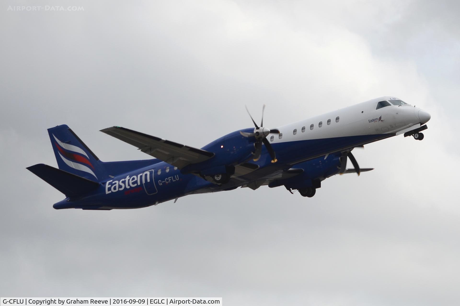 G-CFLU, 1998 Saab 2000 C/N 2000-055, Departing from London City.