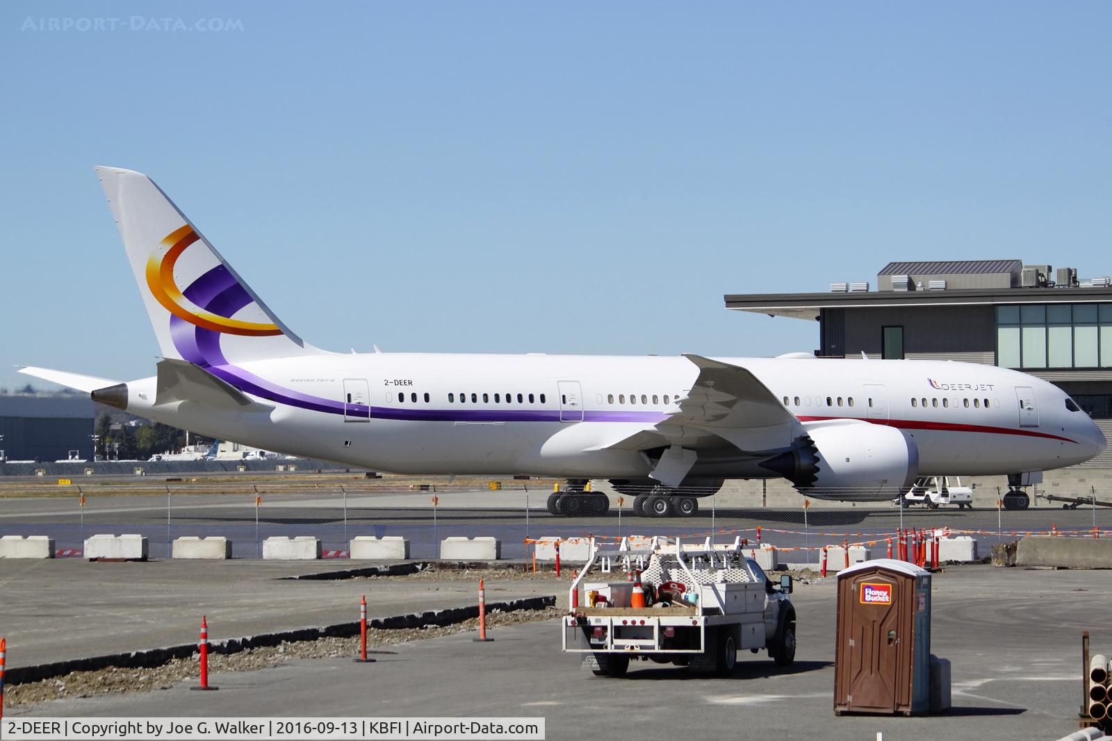 2-DEER, 2013 Boeing 787-8 BBJ Dreamliner Dreamliner C/N 35309, Seen basking in the late summer sun was this 787-8 BBJ for Deer Jet.  Aircraft was flown into BFI after having been repainted in Victorville,CA (KVCV/VCV). Former registration was N28MS.