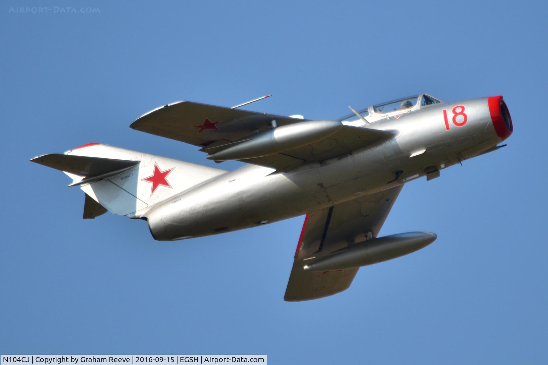 N104CJ, 1952 PZL-Mielec SBLim-2 (MiG-15UTI) C/N 1A01004, Departing from Norwich.
