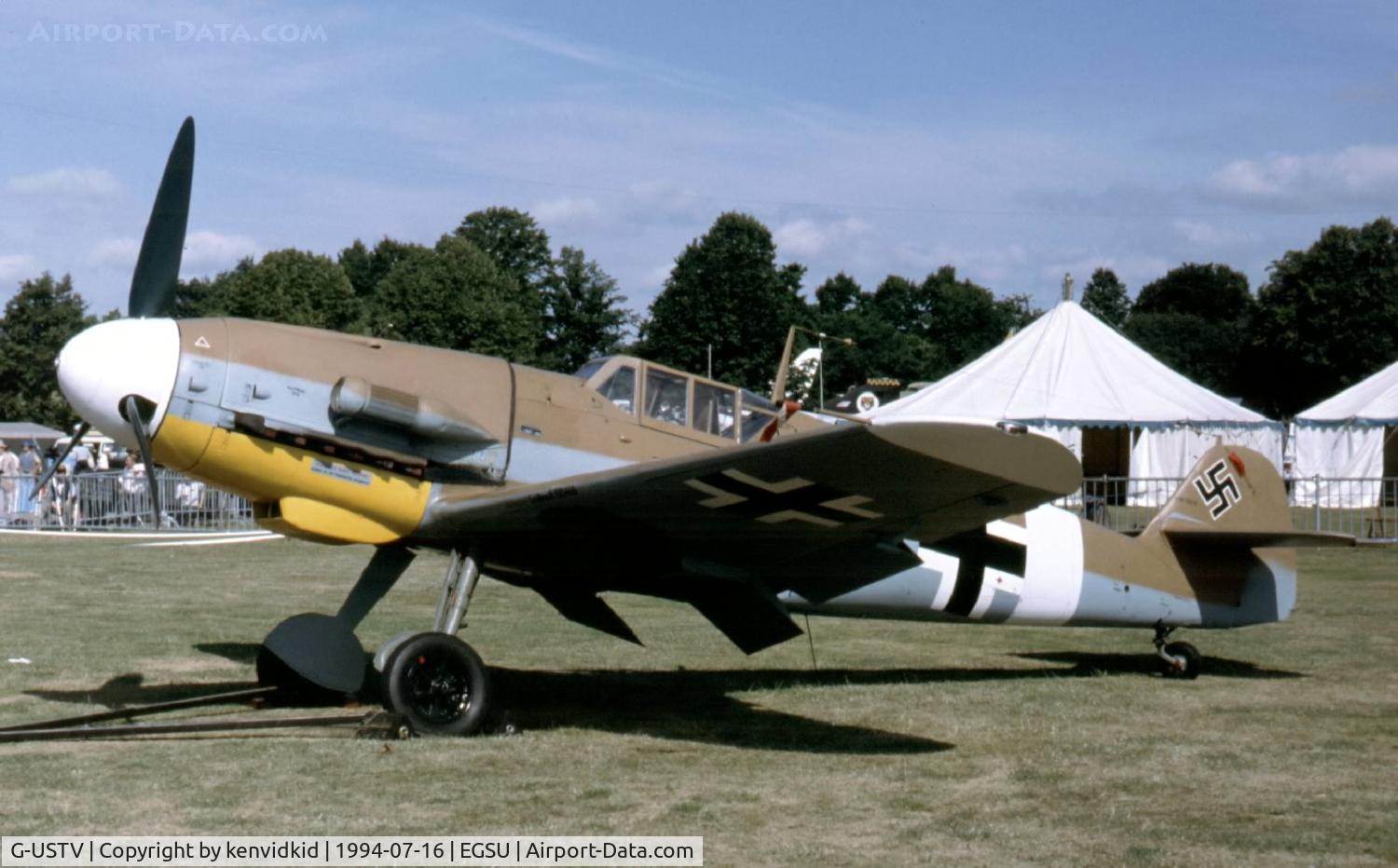 G-USTV, 1942 Messerschmitt Bf-109G-2/Trop C/N 10639, At the 1994 Flying Legends Air Show.