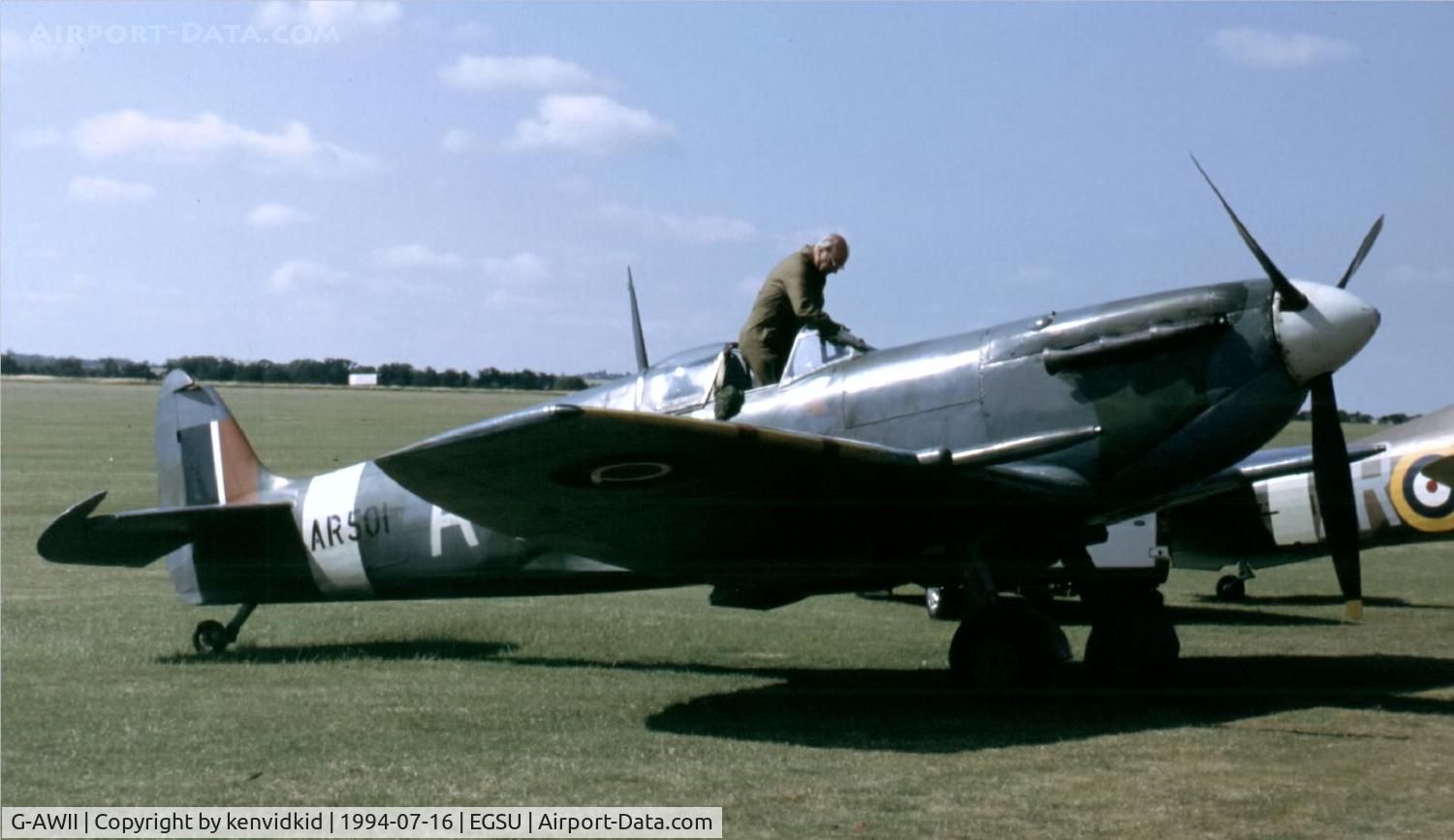 G-AWII, 1942 Supermarine 349 Spitfire LF.Vc C/N WASP/20/223, At the 1994 Flying Legends Air Show.