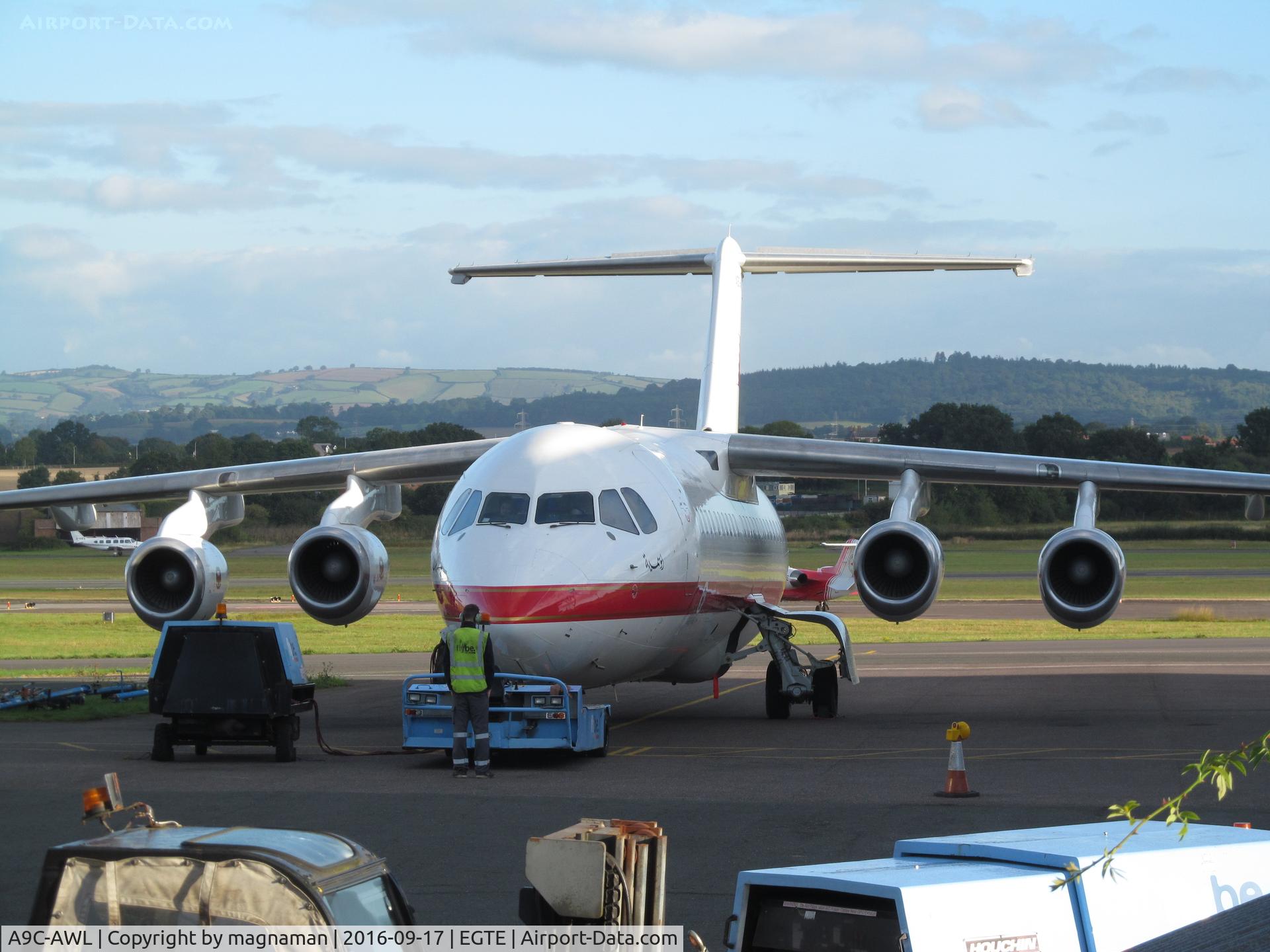 A9C-AWL, 2001 British Aerospace Avro 146-RJ100 C/N E3386, at maintenance area - about to leave